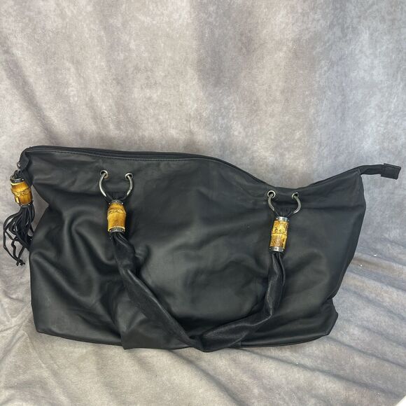 Coldwater Creek Black Polyurethane Hobo Shoulder Bag Purse Bamboo Trim Handles - Picture 1 of 9